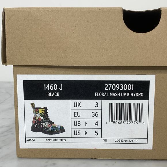 DR. MARTENS 1460J Floral Mash Up Leather Lace Up Boot Kids L5 M4 Black Punk EUC - Picture 6 of 10